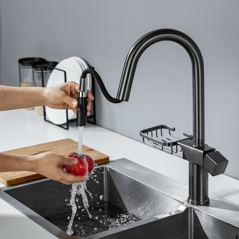 Gun Gray Hot Sales Luxurious Fashion Basin Sink Kitchen Taps Pull Out Multifunctional Single Handle
