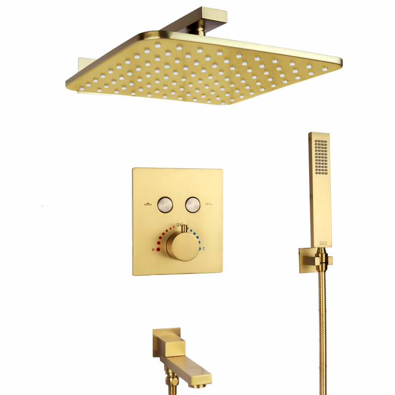 Brushed Gold 10 Inch Shower Set Thermostatic Rainfall With Bathtub Spout Handheld Spa Shower Head