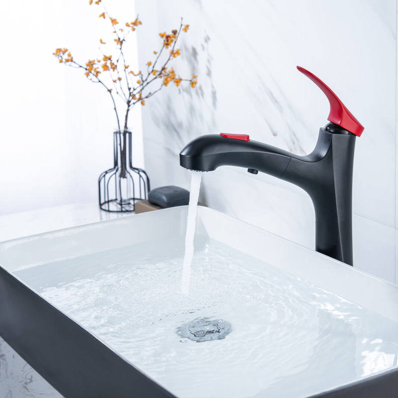 High Quality Black + Red Basin Faucet Sink Mixer Single Handle Pull Out Faucet