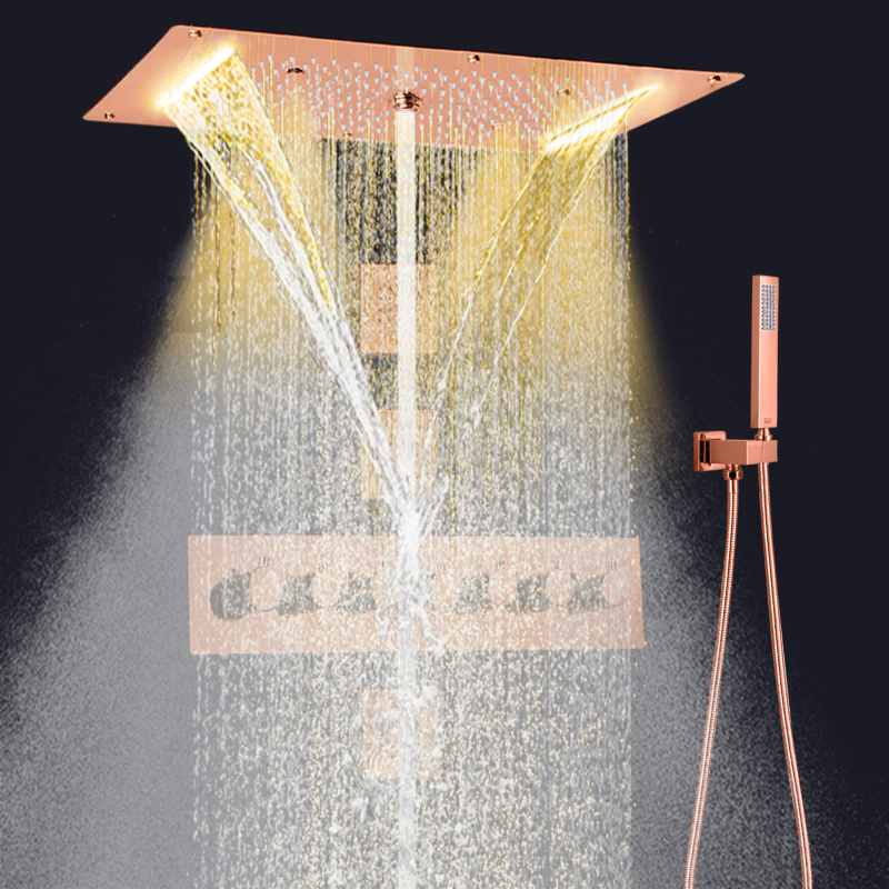 Thermostatic Rose Gold LED Shower System Bathroom Wall Mount Ceiling Mist Rain Waterfall Shower Combo Set