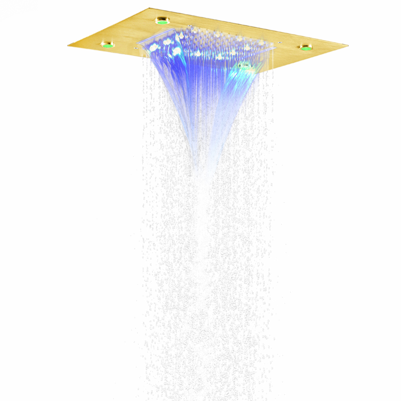Luxury Brushed Gold Shower Head 50X36 CM LED Bathroom High Flow Shower Bifunctional Waterfall Rainfall