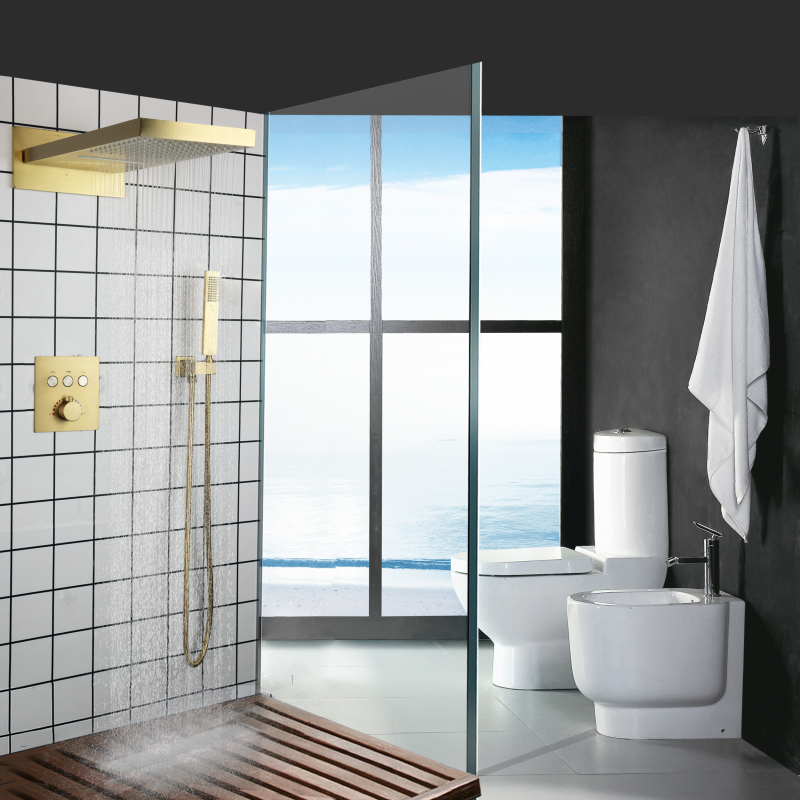 Brushed Gold Thermostatic Waterfall Press Button Shower Set Bathroom Rainfall Hand Shower Combo