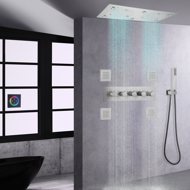 Brushed Nickel Thermostatic Shower Head 24*12 Inch LED Bathroom Shower Rainfall Atomizing Shower Set With Handheld