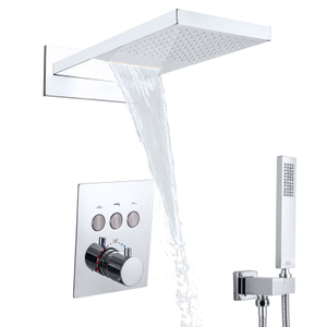 Chrome Polished Thermostatic Shower Mixer 50X23CM Waterfall Press Button Shower Systems Bath Shower Faucet Set
