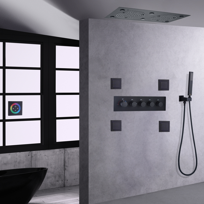 Matte Black Thermostatic Bath Shower Set 24*12 Inch LED Bathroom Shower Rainfall Concealed Shower System With Handheld