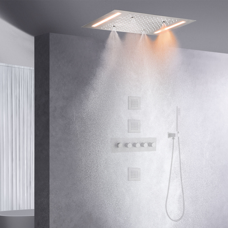 Brushed Shower Set 14 X 20 Inch LED Thermostatic Control Luxurious Bathroom Mist Shower