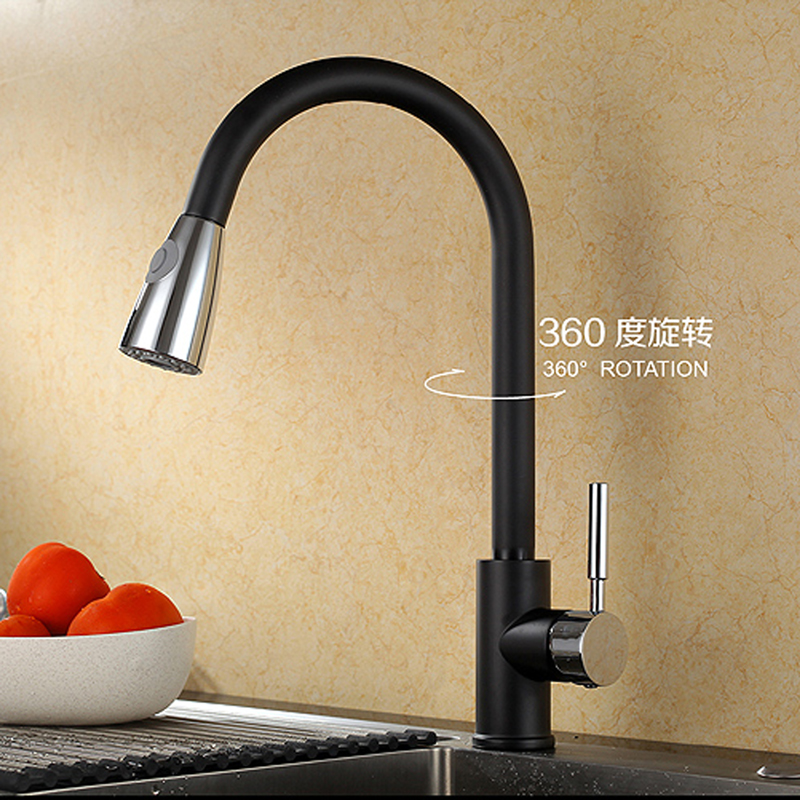 Black Plus Chrome Contemporary Luxury Sink Bifunctional Kitchen Taps Pull Out Single Handle