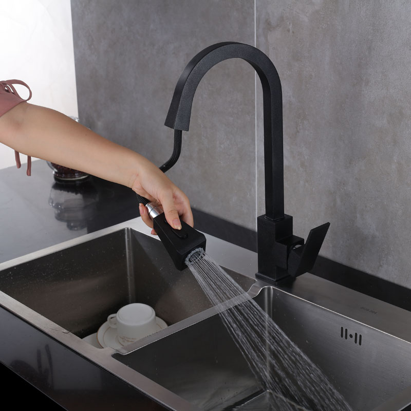 Contemporary Luxury Frosted Black Sink Bifunctional Kitchen Mixers Pull Out Single Handle
