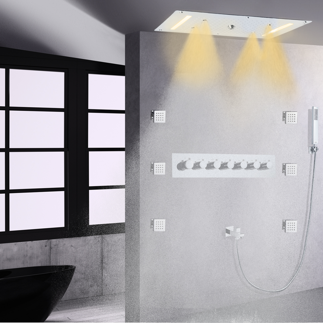 Chrome Polished Thermostatic Shower Faucet Set High Flow LED Bathroom Ceiling Mist Rain Waterfall