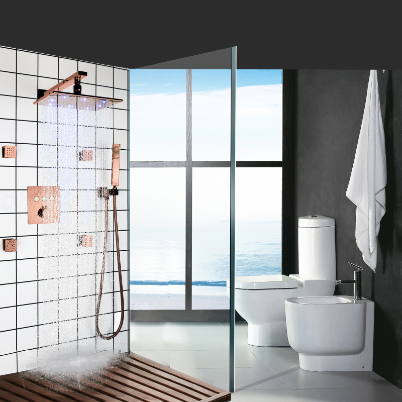 Rose Gold Bathroom Shower Faucet LED Set Push Button Valve Rectangular Rain Shower Head Thermostatic