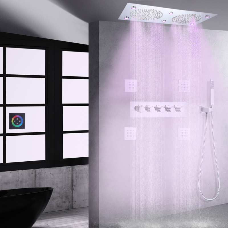 Chrome Polished Bath Shower Set 24*12 Inch LED Bathroom Thermostatic Multifunction Concealed Shower Mixer
