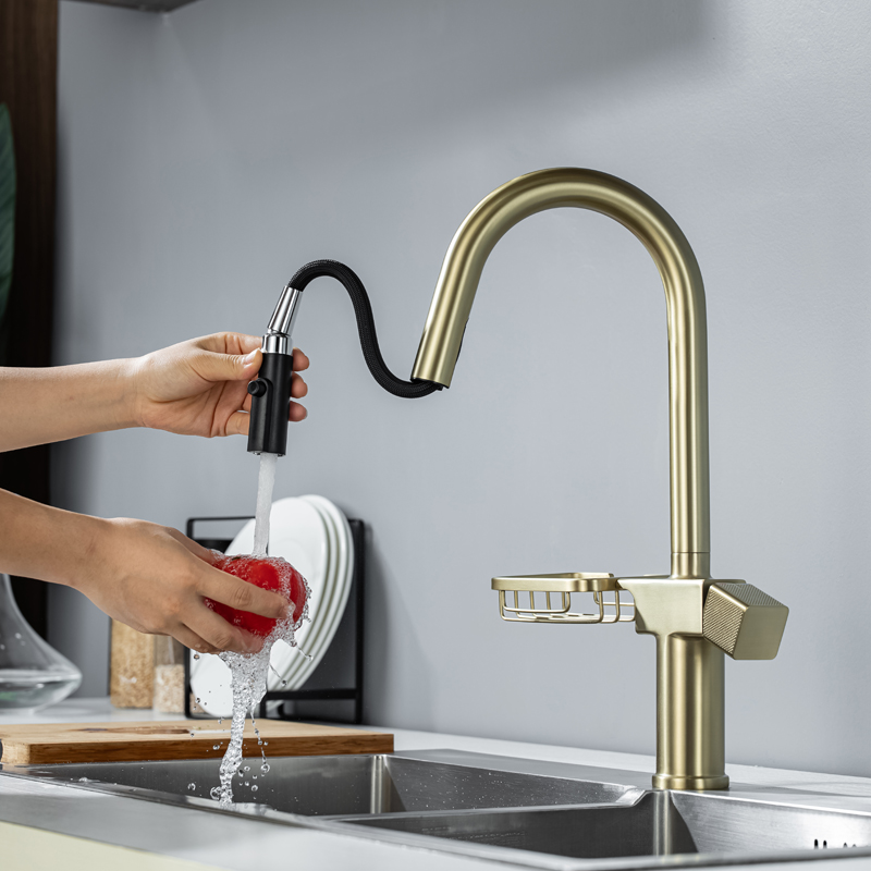 Brushed Gold Sink Basin Kitchen Taps Modern Luxurious Multifunctional Single Handle