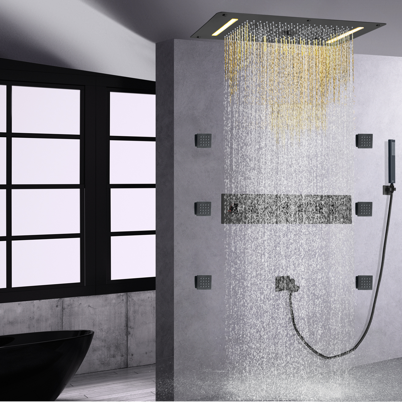 Matte Black LED Thermostatic High Flow Shower Mixer Set Wall Mount Concealed Waterfall Mist Rain Handheld Massage