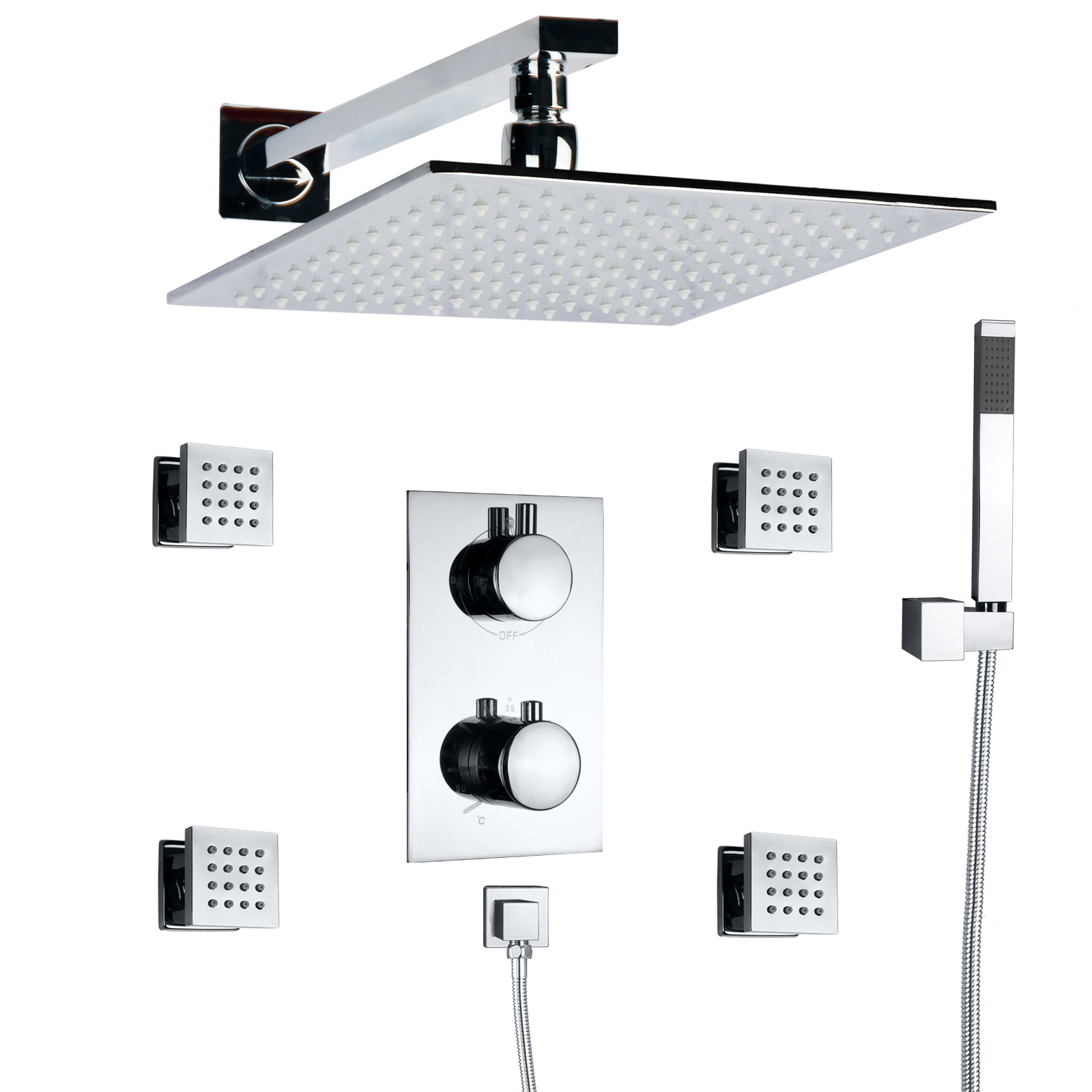 Chrome Polished LED Thermostatic Bathtub Faucet Panel Shower Massage Rainfall Shower Head