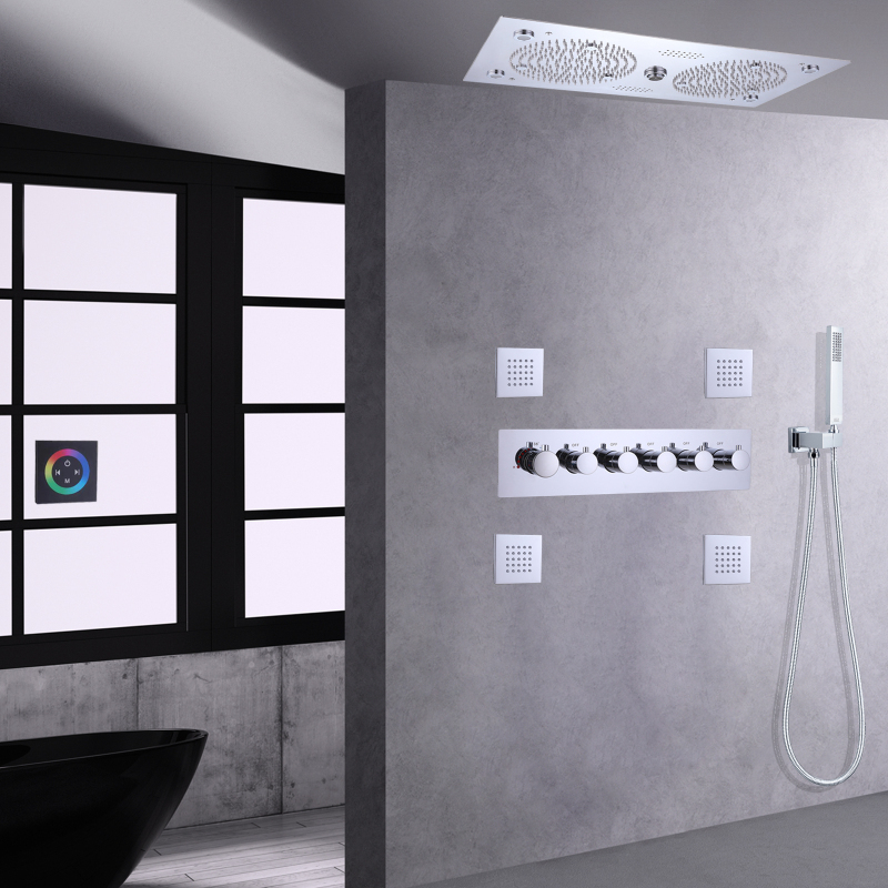 Chrome Polished Thermostatic Shower Mixer Set 620*320mm LED With Music Features Bathroom Rainfall Concealed Shower System