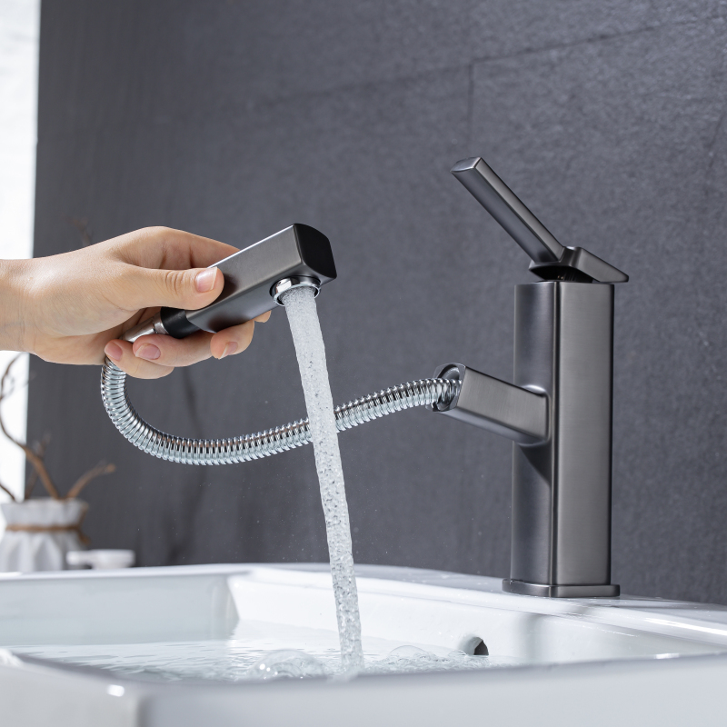 Gun Gray High Pull Out Basin Faucet Bathroom Sanitary Ware Hot And Cold Faucet Sink