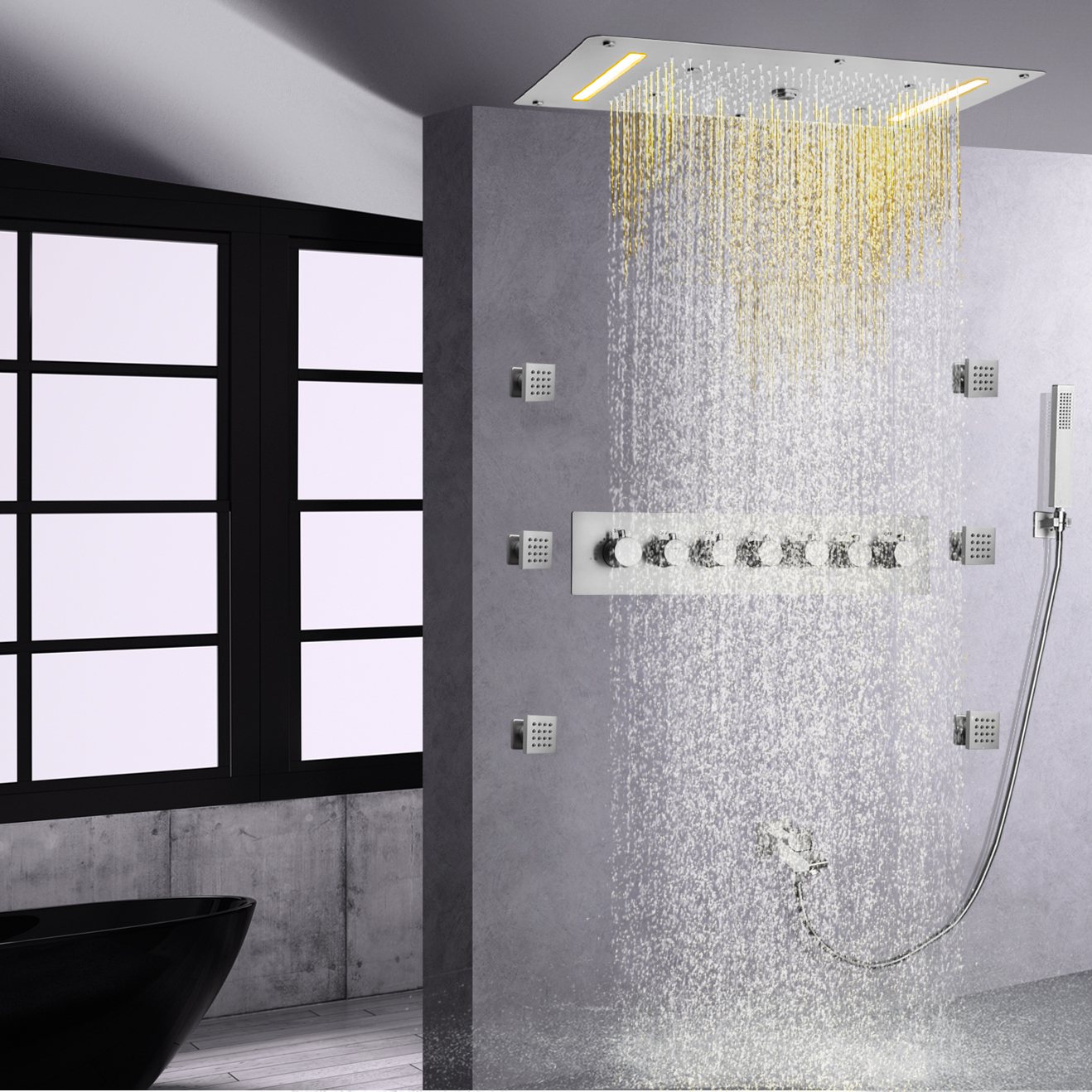 Brushed Nickel Large Multi Function Shower Head System Thermostatic Wall Mounted Shower Mixer Panel Waterfall Rainfall