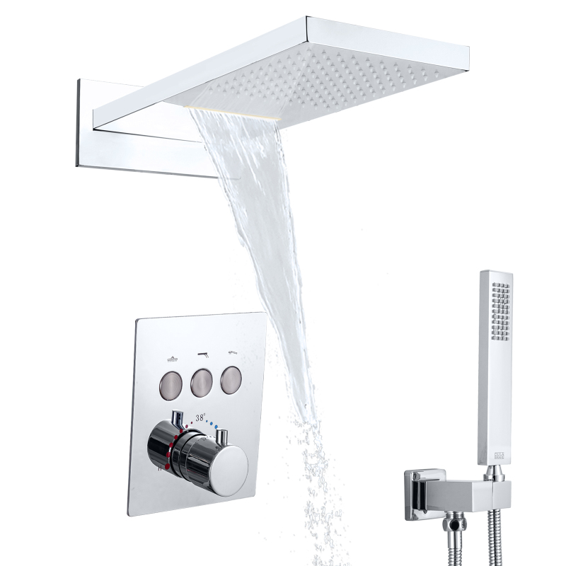 Thermostatic Rainfall Shower Mixer Wall Mounted Chrome Polished Shower Head Bathroom Handheld Shower Arm