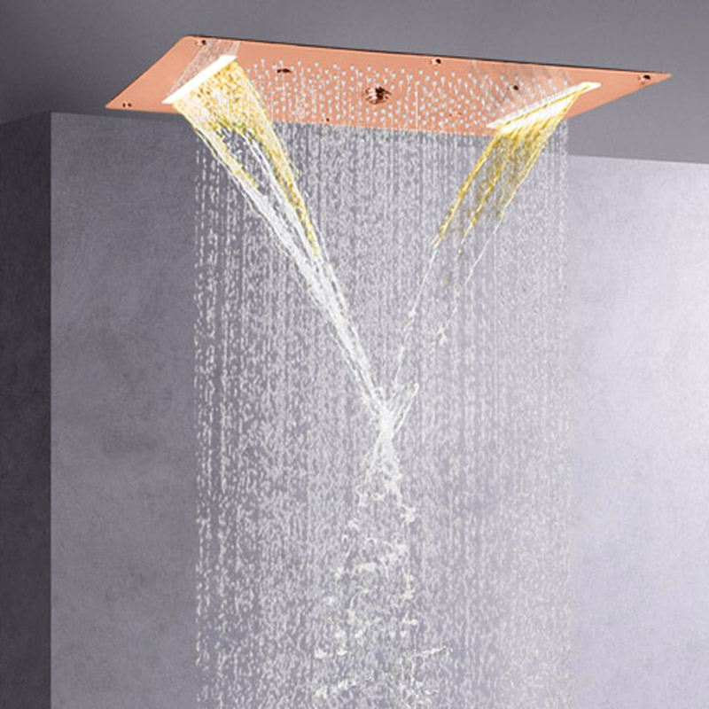 Rose Gold Shower Head 70X38 CM LED Bathroom Waterfall Rainfall Atomizing Bubble Massage Shower