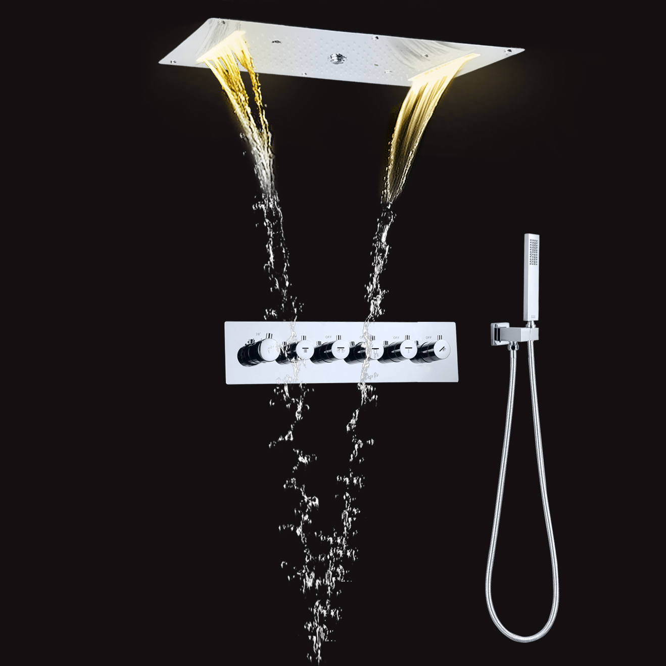700X380MM SUS 304 Ceiling Mounted SPA Bathroom LED Thermostatic Mist Spray Waterfall Rainfall Shower Head Set