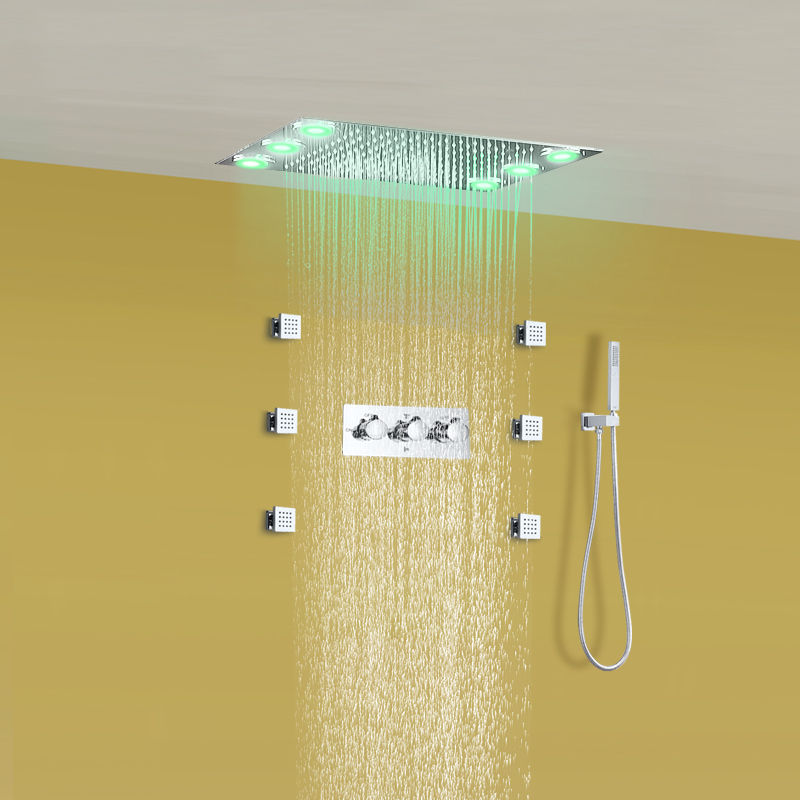 Recessed rainfall shower head led square shower set 6 body jets 304 stainless steel bath accessories hand shower