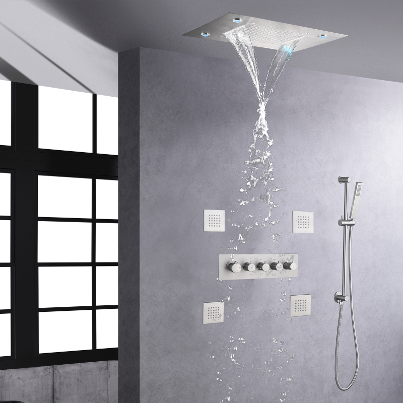 Brushed Nickel Spa Body Massage Jets LED Thermostatic Shower Set 14 X 20 Inch Waterfall And Rain Shower Head System