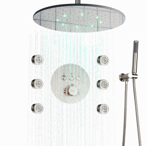 Brushed Nickel Thermostatic Shower Faucets 20 Inch LED 3 Color Temperature Changing Bathroom Massage Shower Set