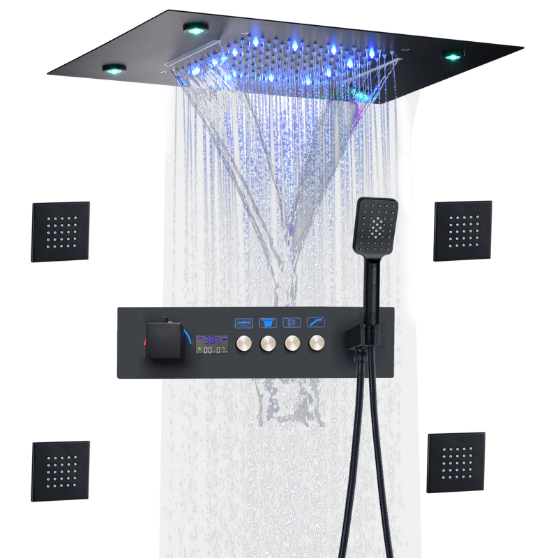 Matte Black Shower Head Stainless Steel Rain Shower Ceiling Mounted Digital Display LED Shower Rainfal Set