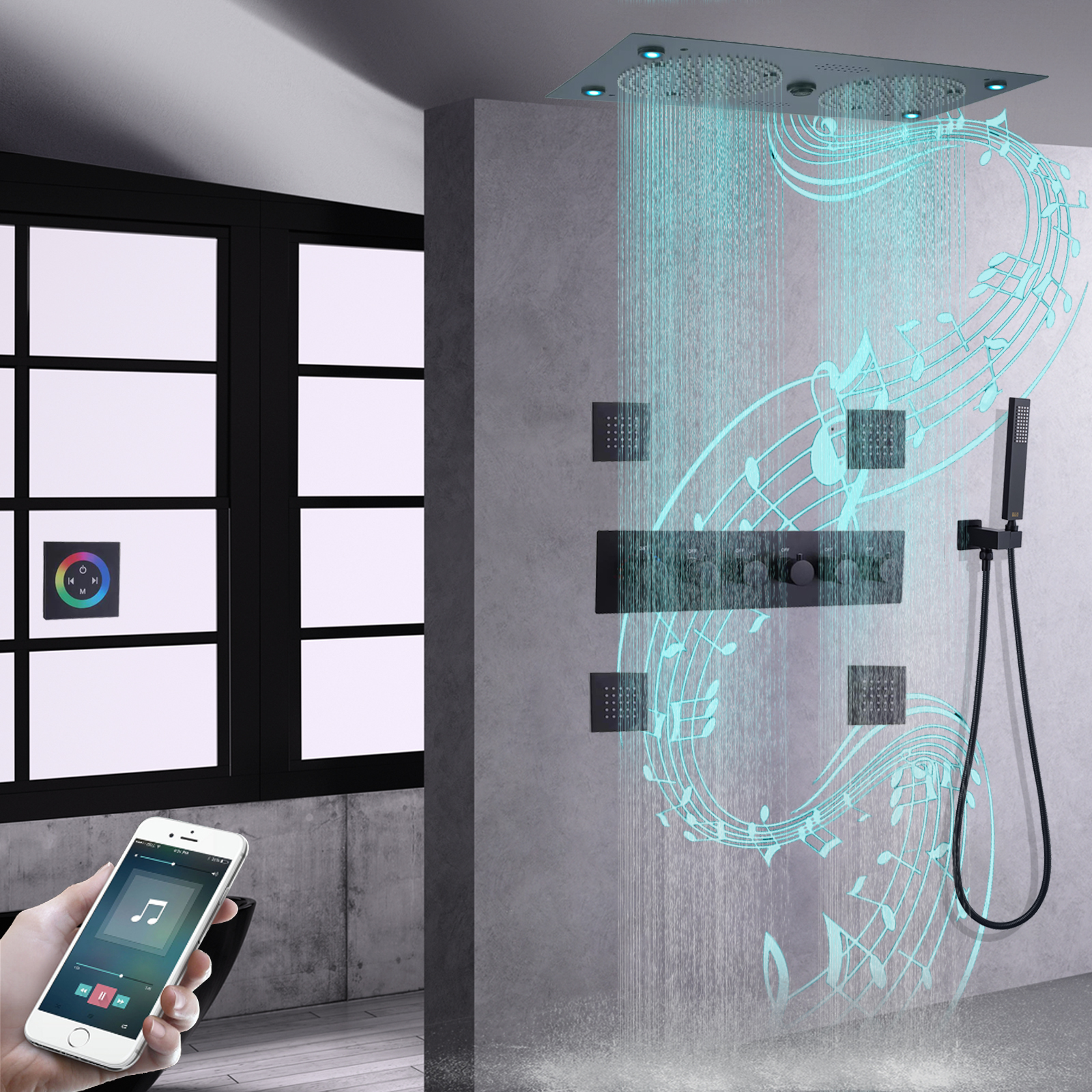 Matte Black Shower Mixer LED Bathroom Thermostatic Wall Mount Music Features Shower System Set Brass Handheld