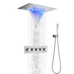 Brushed Nickel Rain Shower Head With Handheld Spray Thermostatic 14 X 20 Inch LED Waterfall And Rain Shower System