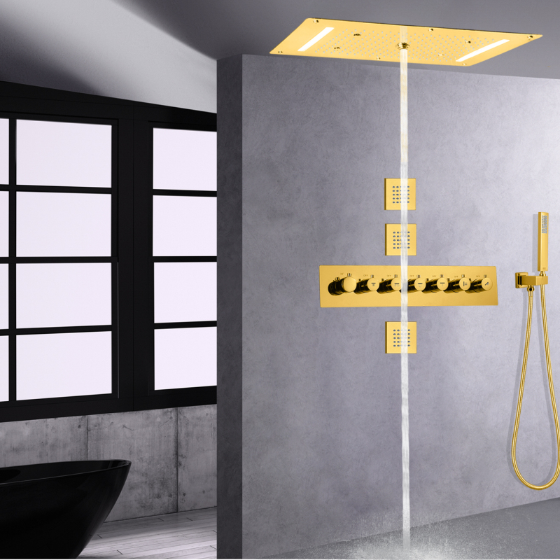 Gold Polished Led Ceiling Shower Set Thermostatic Shower Valve Massage Rainfall Spray Luxurious Shower Head