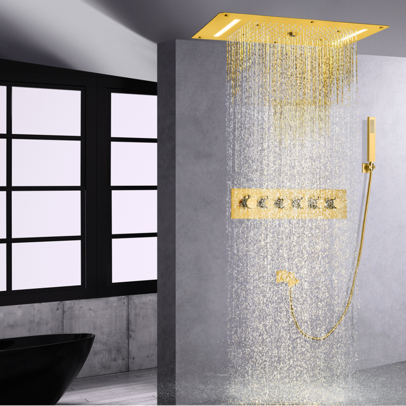 700X380 MM High Flow Thermostatic Brushed Gold Shower System LED Rainfall Waterfall Panel HydroMassage