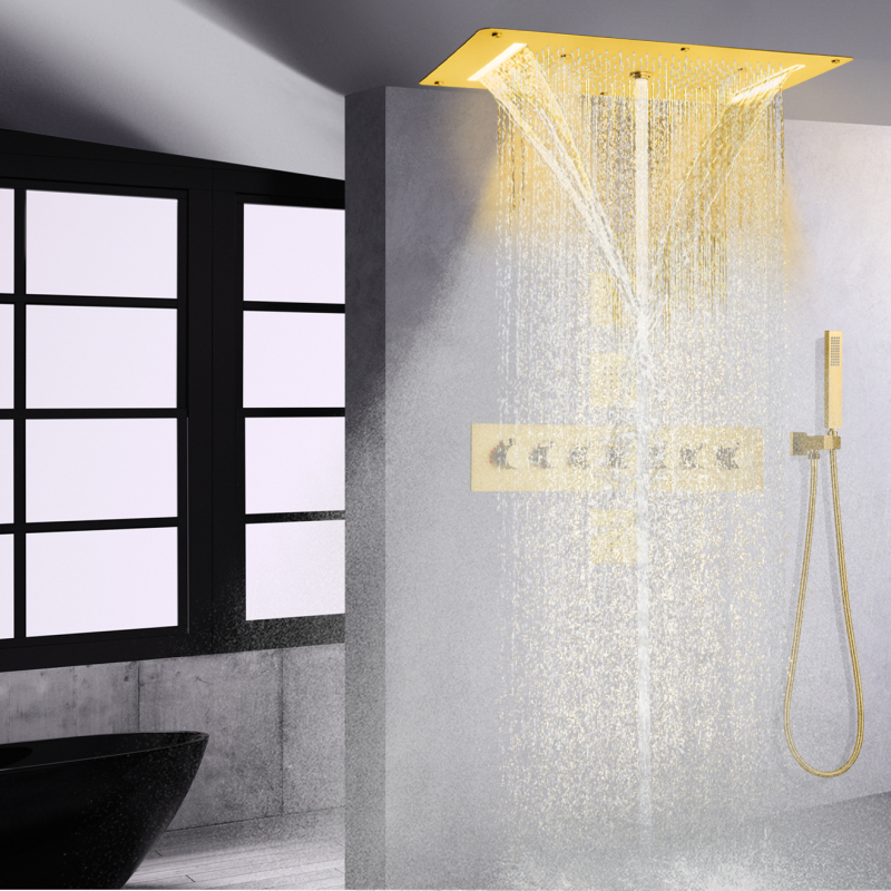 700X380 MM Gold Polished Rain Shower Head With Handheld Body Message Jets Thermostatic Led Shower System