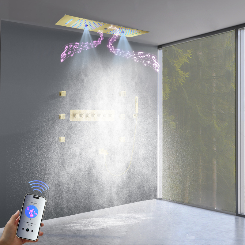 Large Flow Shower Panel Multifunctional LED Music Rainfall Shower Suite Massage System Water Drainage Gold Bathtub Shower Pillar