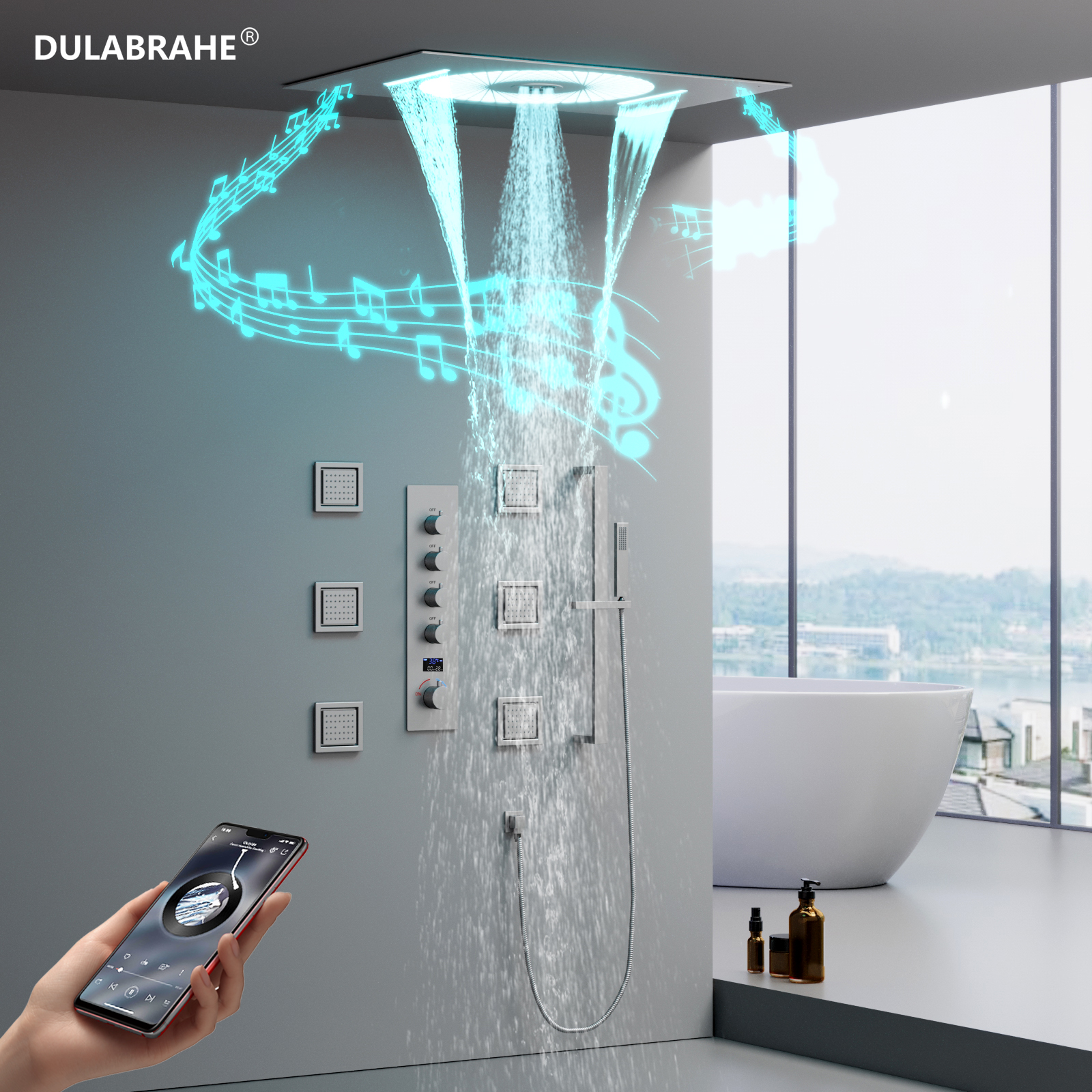 Modern Home Bathroom Vertical Hot & Cold with Digital Display Music LED Shower Head System with Lifting Lever Handheld Faucet Set