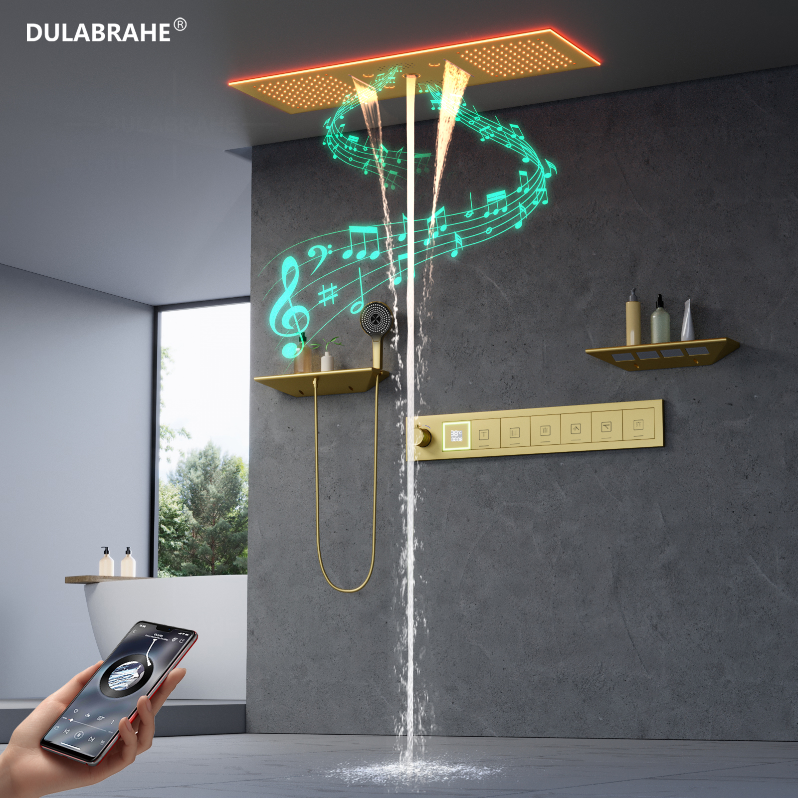 Brushed Gold Bathroom Constant Temperature High Flow Shower Led Light Shower Head with Speaker Waterfall Rainforest System