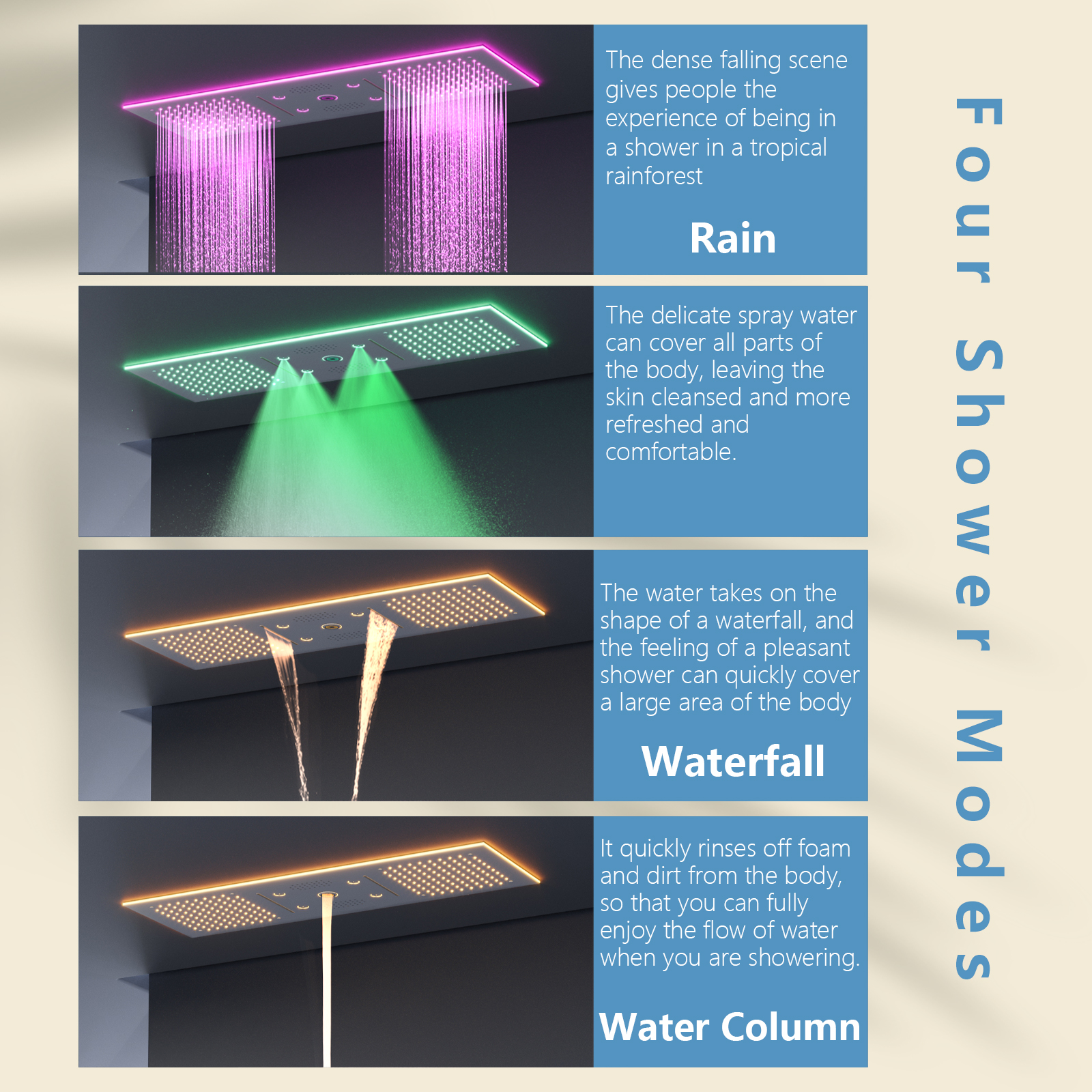 led rainfall waterfall shower head