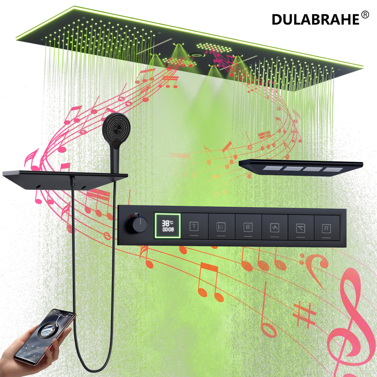 Black Recessed 36*12 Inch Music LED Shower Head Bathroom Constant Temperature Rain Waterfall Shower Head Massage SPA