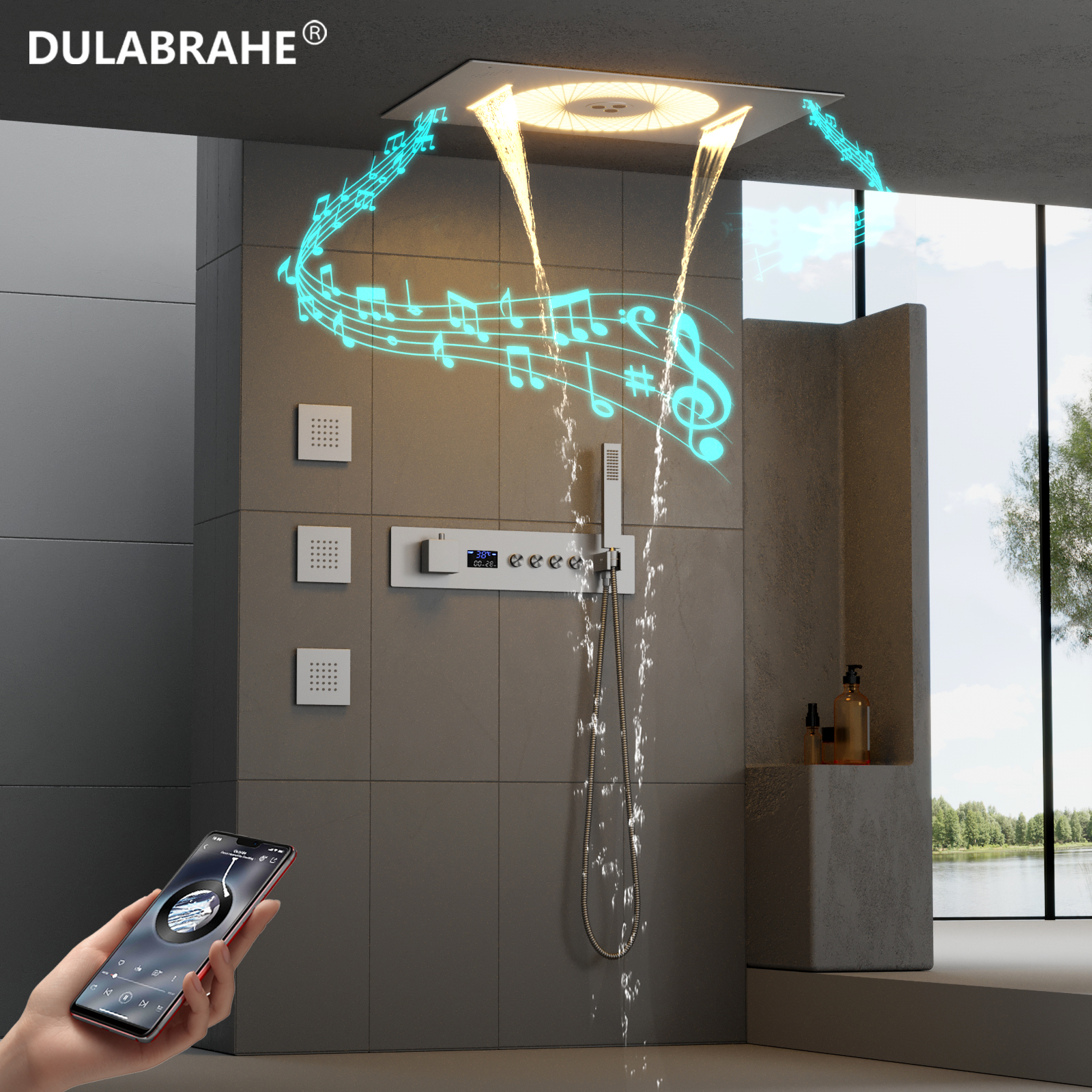 Ceiling Recessed Brushed LED Shower Head with Digital Display Waterfall Column Bathroom Thermostatic Shower Head Set System