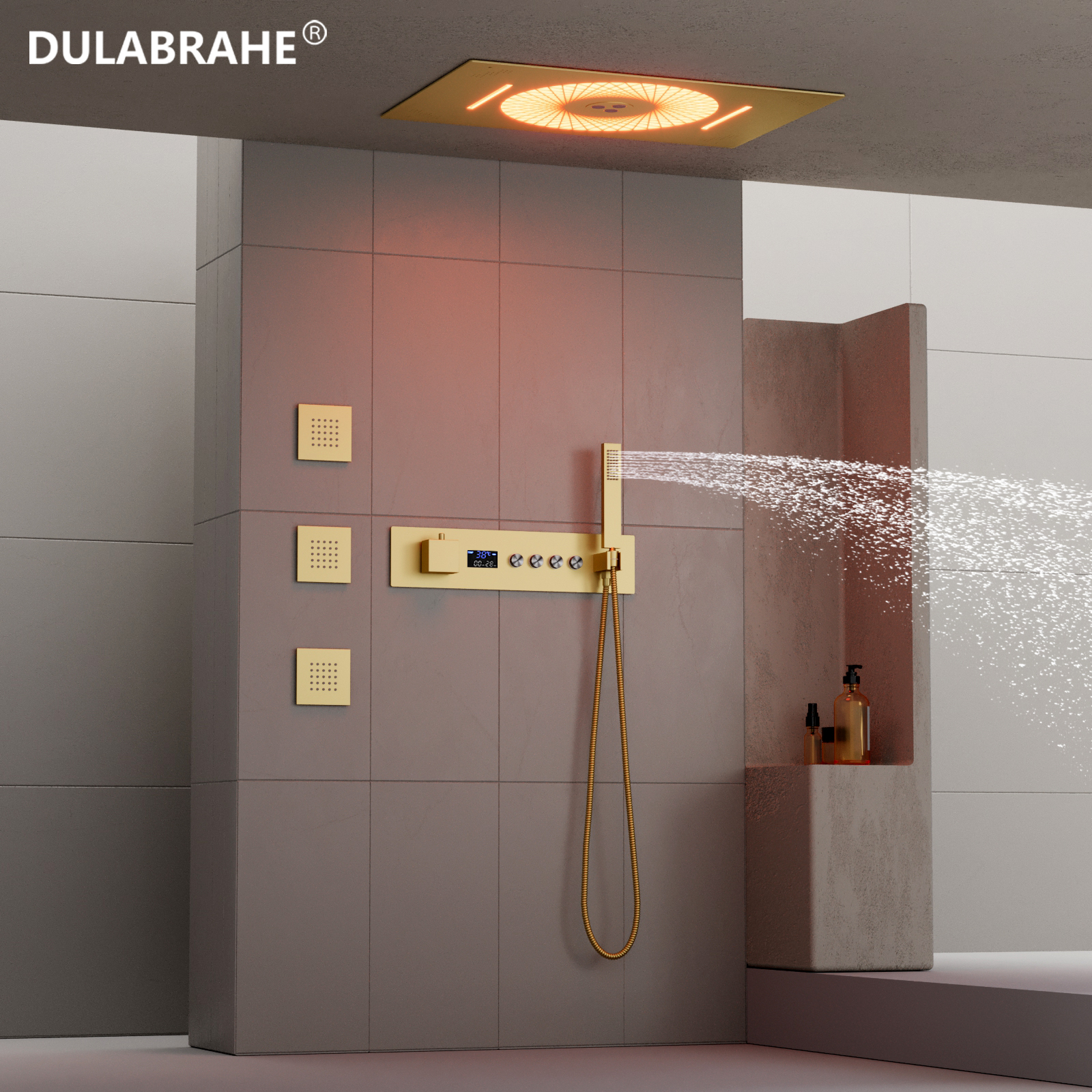 Luxury Square Brushed Gold Thermostatic LED Light Music Water Column Waterfall Head Home Shower Set System Shower Combo Faucet