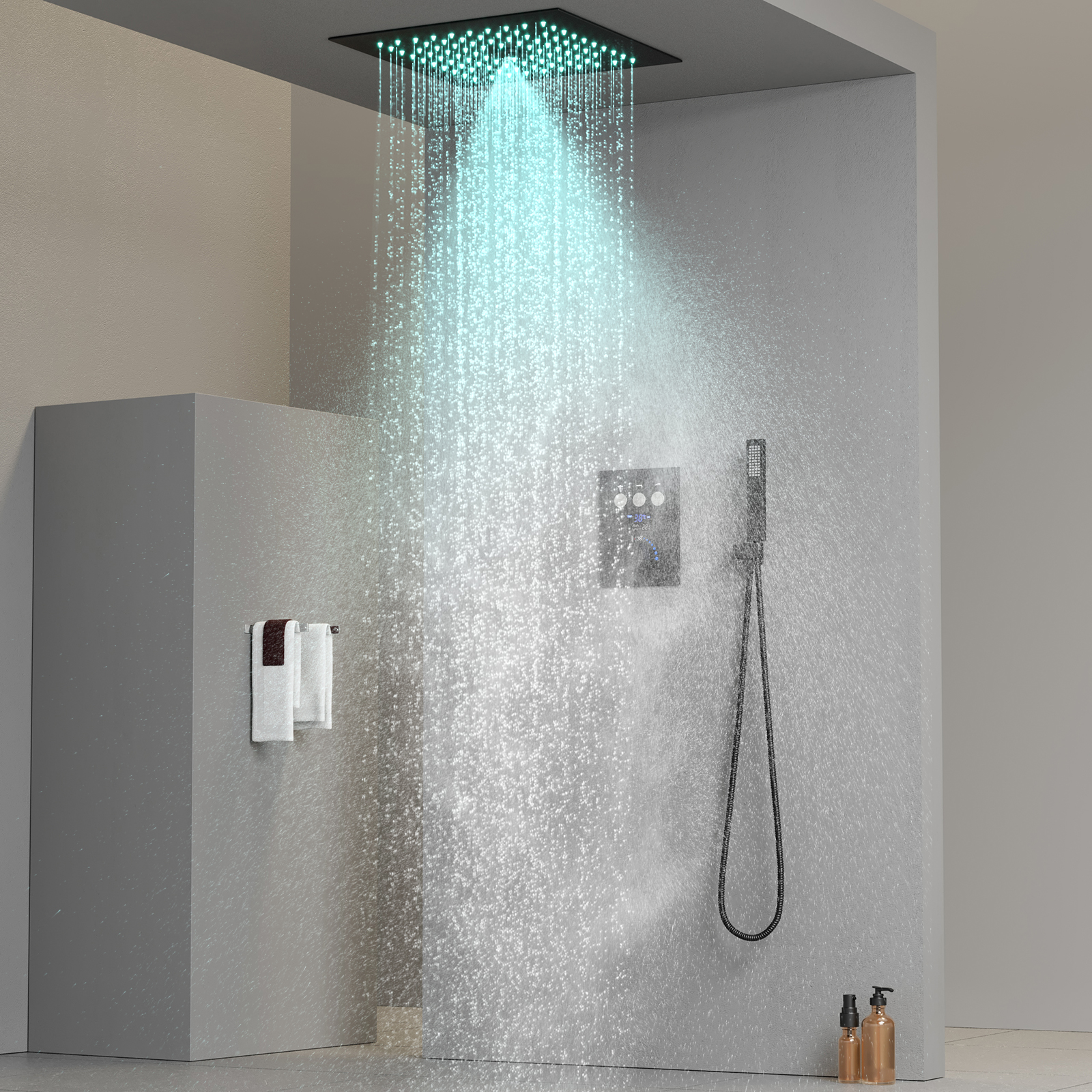 Matte Black Square LED Rain Shower Head Set Bathroom Thermostatic Shower Head System