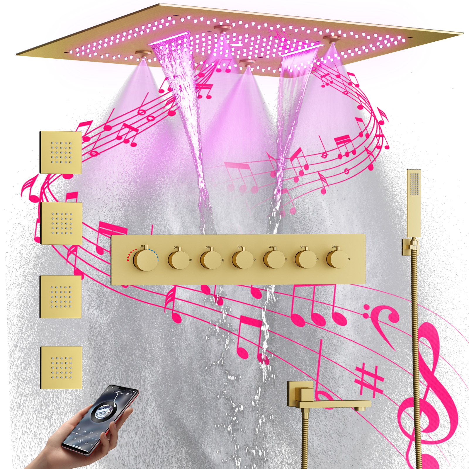 Luxury Bathroom Shower Set System Brushed Gold Rain Shower Mixer Set Copper 6 Function Led Shower Head Set