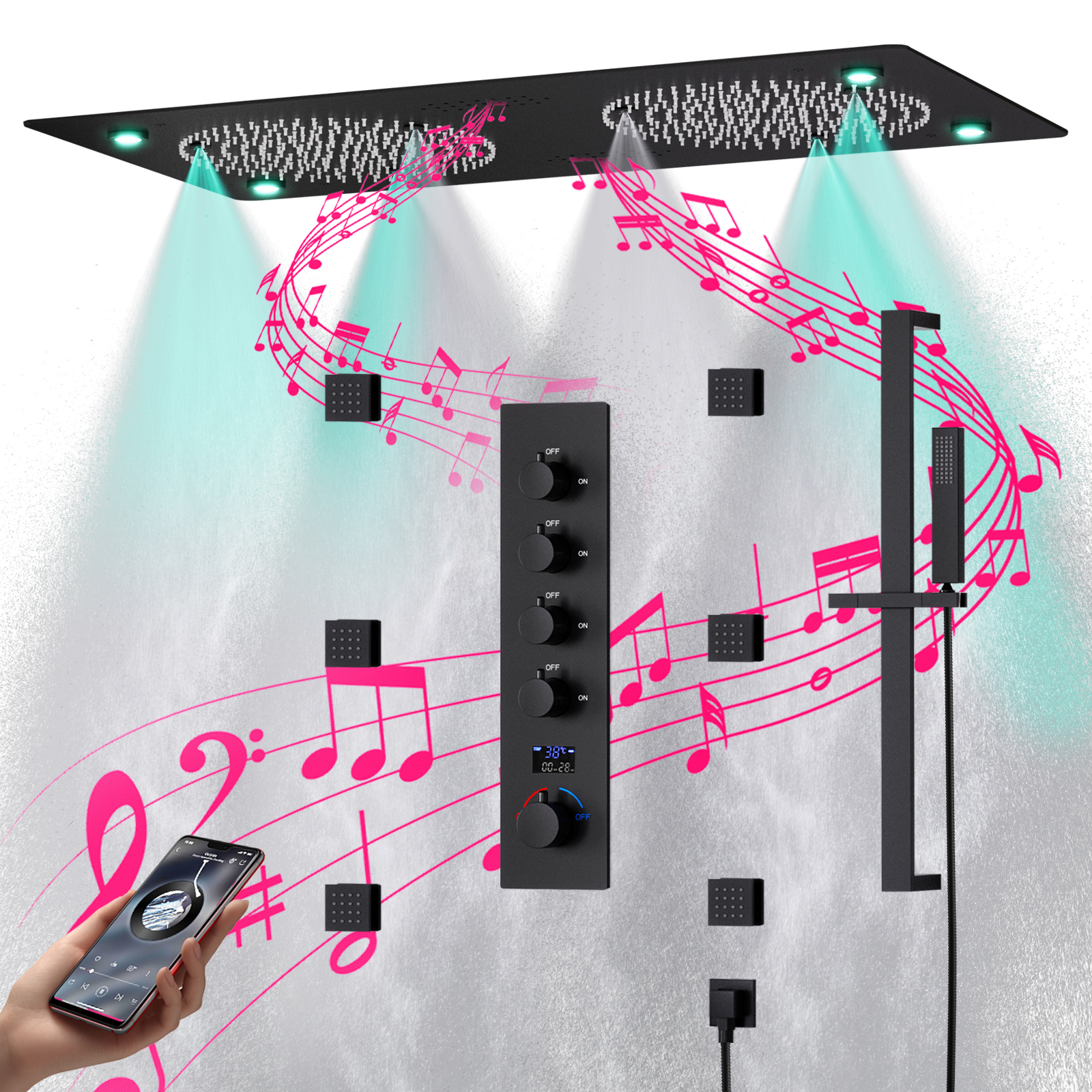 Bathroom Recessed Mounted Brass LED Shower Faucet System 4 Set Shower Head Ceiling Rain Shower with Music