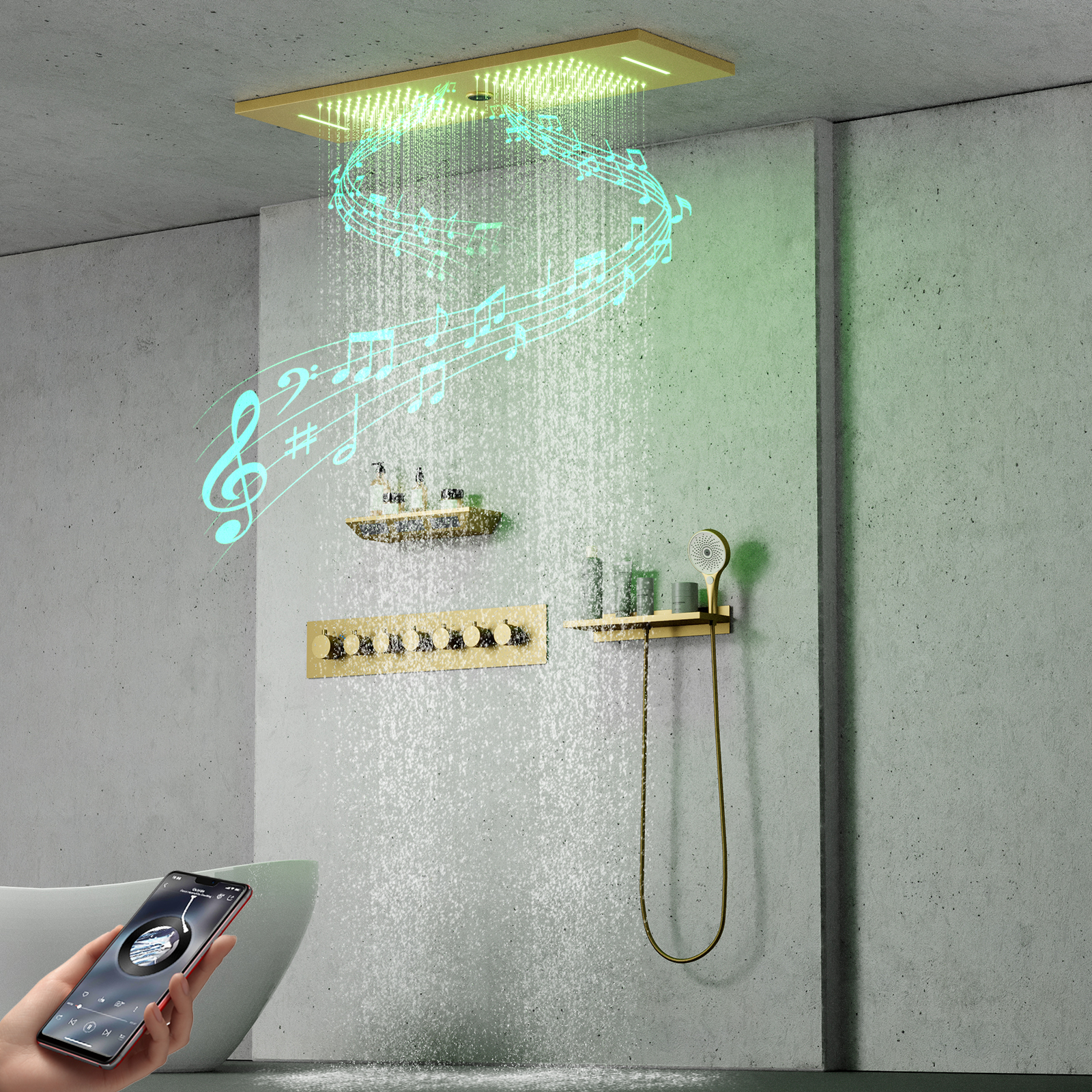 Bathroom Atomized Waterfall Thermostatic Shower Faucet with Shower Body Shower Head And Music Function Rain Shower LED Shower Head