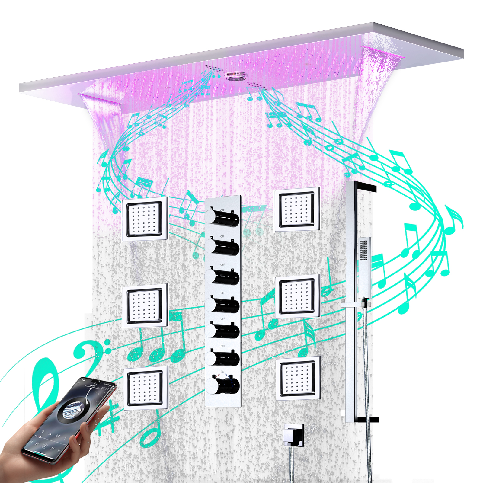 Bath Spa Shower Faucet Rain Waterfall Shower Recessed Ceiling Shower Head Set with Body Jets