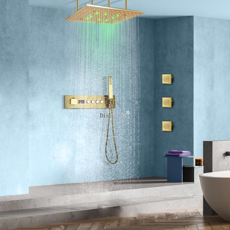 Brushed Gold 16 Inches Rainfall Mist Shower Head With LED Digital Display Thermostatic Mixer Conceal LED Shower Set