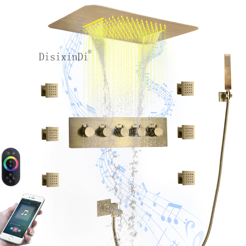 Antique Brass Ceiling LED Head Shower With Music Speaker Thermostatic Bath & Shower Sets 580*380mm Waterfall Rain Mixer