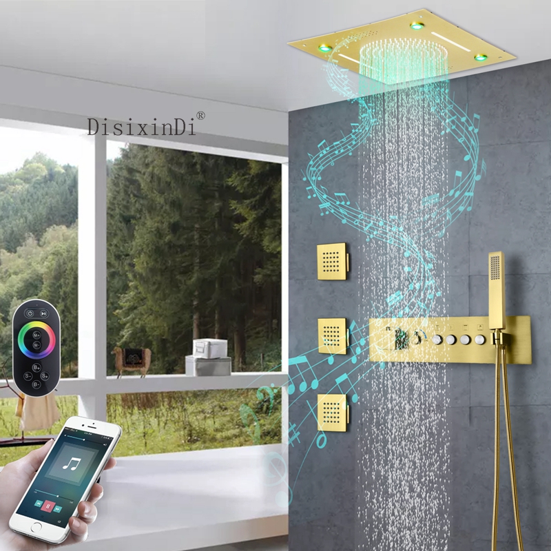 Luxury Gold 16 Inch Led Shower Head With Music Speaker Rain Waterfall Shower Bathroom Thermostatic Shower Faucet Set