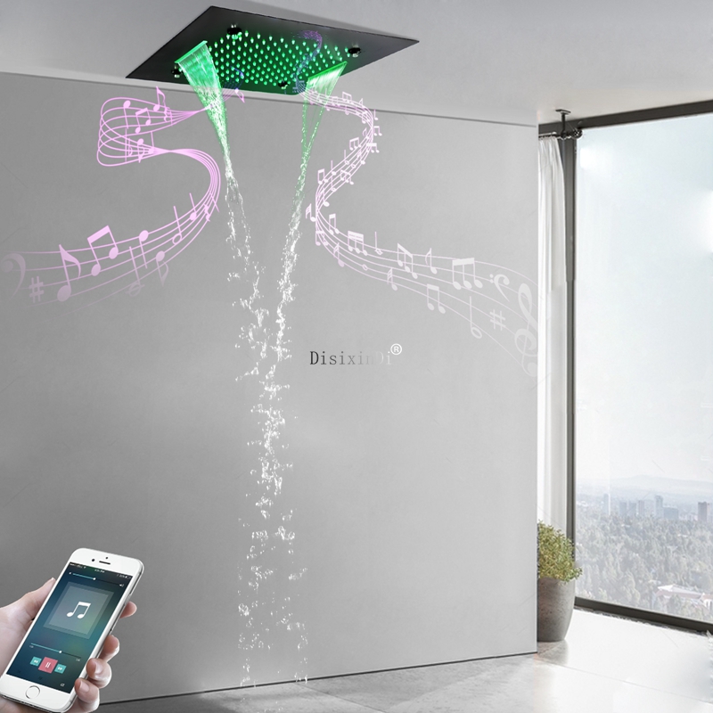 Matte Black 3 Function 500*500mm LED Bathroom Shower Head with Music Speaker Waterfall Shower System