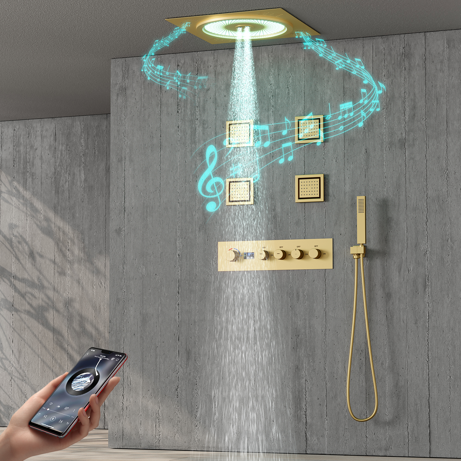 New Design Deluxe Digital Display 5 Features Shower Head Rain Shower with LED And Music Wall Mounted Shower Faucet Set